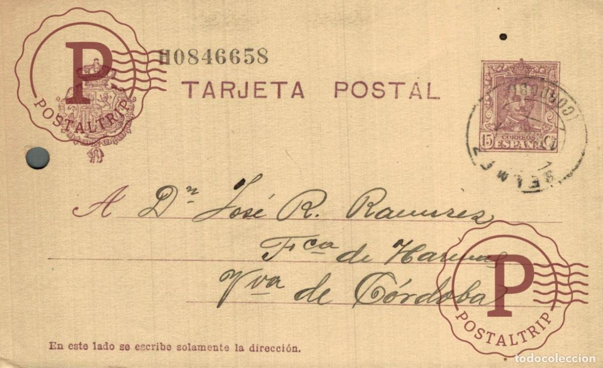 Stamps: ESPA&Ntilde;A. SPAIN. ENTERO POSTAL. TARJETA POSTAL. BELMEZ 1927. AGUJERO LATERAL