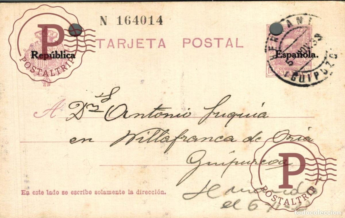 Sellos: ESPA&Ntilde;A. SPAIN. ENTERO POSTAL. TARJETA POSTAL. VILLAFRANCA DE ORIA. GUIPUZCOA. 1933. AGUJEROS PARTE S