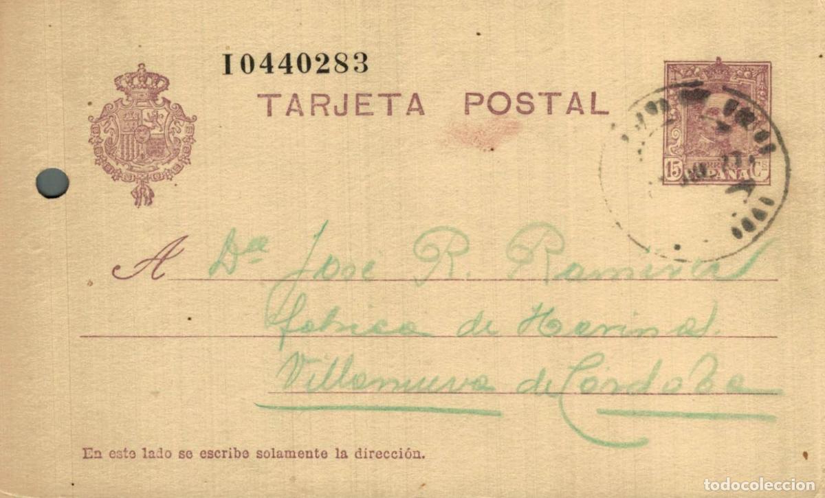 Sellos: ESPA&Ntilde;A. SPAIN. ENTERO POSTAL. TARJETA POSTAL. VILLANUEVA DE CORDOBA. 1923. AGUJERO LATERAL