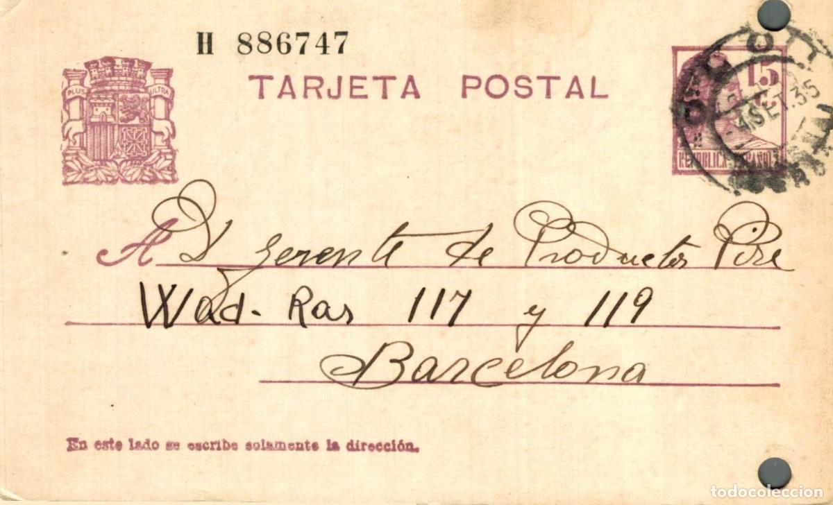 Sellos: ESPA&Ntilde;A. SPAIN. ENTERO POSTAL. TARJETA POSTAL. REPUBLICA ESPA&Ntilde;OLA. HOTEL EUROPA. OLOT. 1935