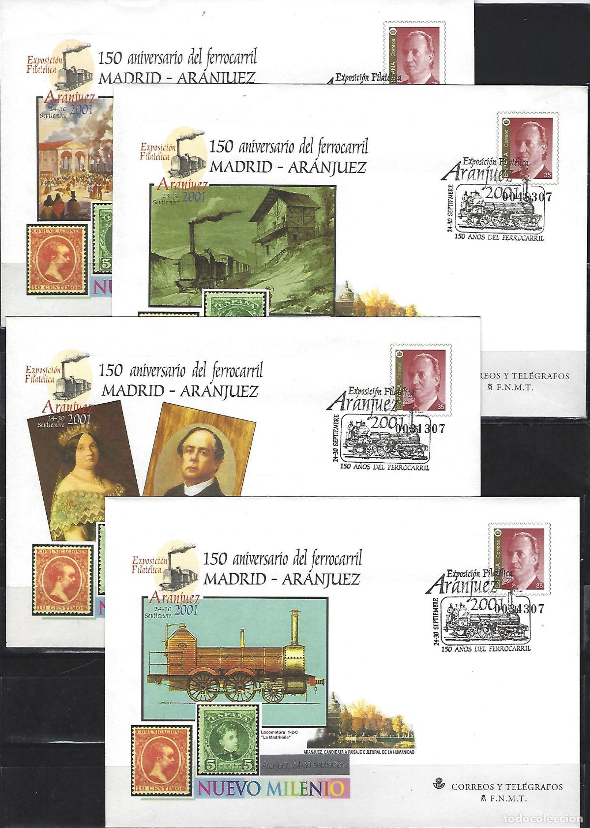 Sellos: SEP 73 ENTERO POSTAL ANIVER. FERROCARRIL MADRID ARANJUEZ 2001 MATASELLADOS FERIA 4 SOBRES