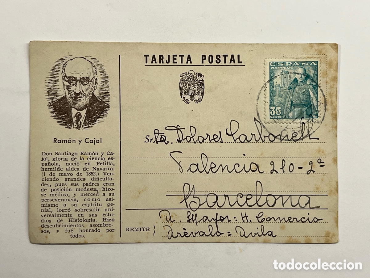 Sellos: RAM&Oacute;N Y CAJAL.. Tarjeta Postal circulada Arevalo a Barcelona (a.1950)