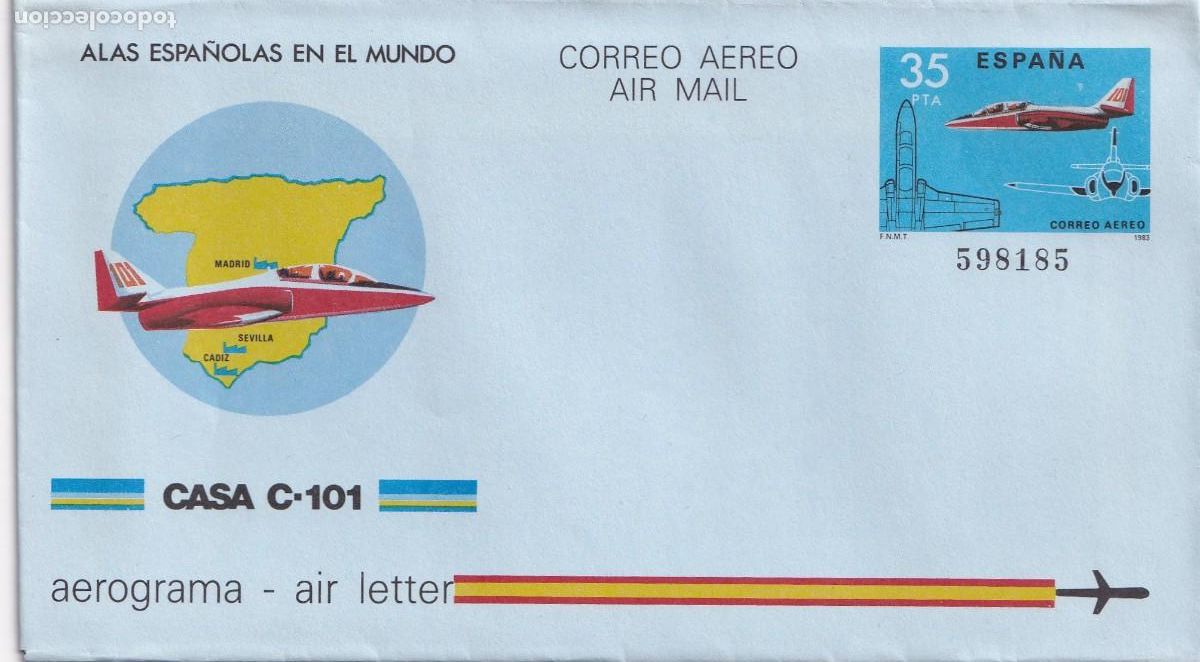 Sellos: Aerograma Espa&ntilde;a - Alas espa&ntilde;olas en el mundo - Casa C-101 - Correo a&eacute;reo - Air mail