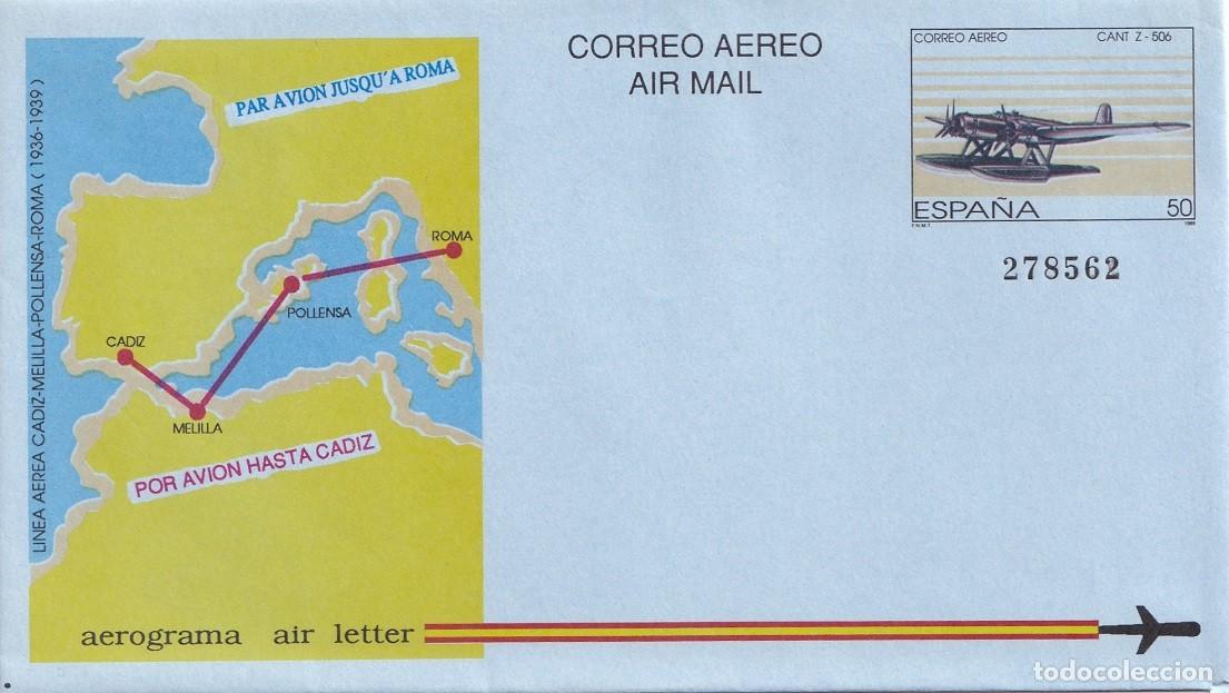 Sellos: Aerograma Espa&ntilde;a 1985 - Edifil 209 - L&iacute;nea C&aacute;diz-Melilla-Pollensa-Roma - Hidroavi&oacute;n CANT Z-506
