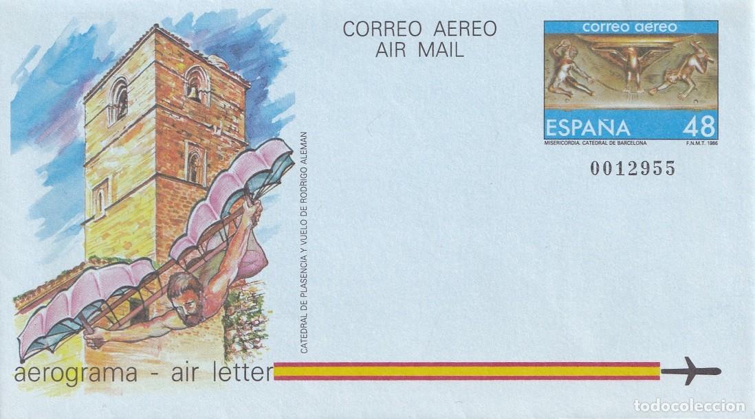 Sellos: Aerograma Espa&ntilde;a 1986 - Catedral de Plasencia y Vuelo de Rodrigo Alem&aacute;n - Edifil 211 - Alas plumas