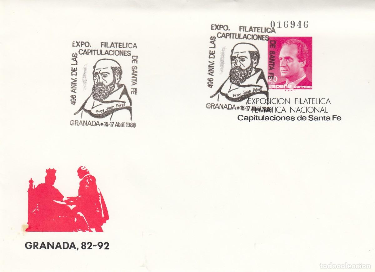 Sellos: 1988 MATASELLOS DE FRAY JUAN PEREZ - EN SOBRE PRIMER D&Iacute;A CAPITULACIONES DE SANTA F&Eacute;- GRANADA