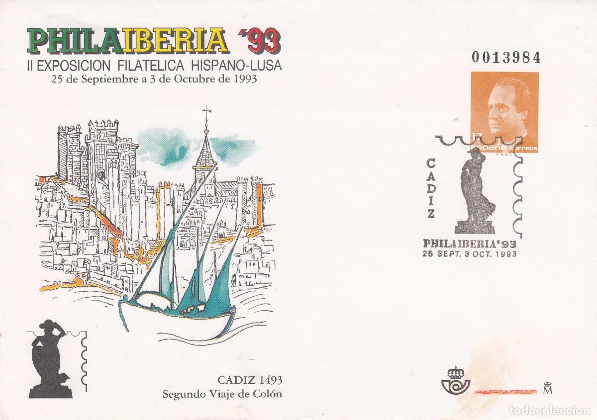 Sellos: 1993 MATASELLOS PRIMER DIA SOBRE ENTERO POSTAL PHILAIBERIA -93 EN C&Aacute;DIZ