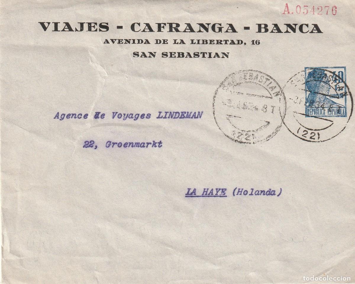 Sellos: 1934. Sobre entero postal privado. San Sebastian. Viajes Cafranga.
