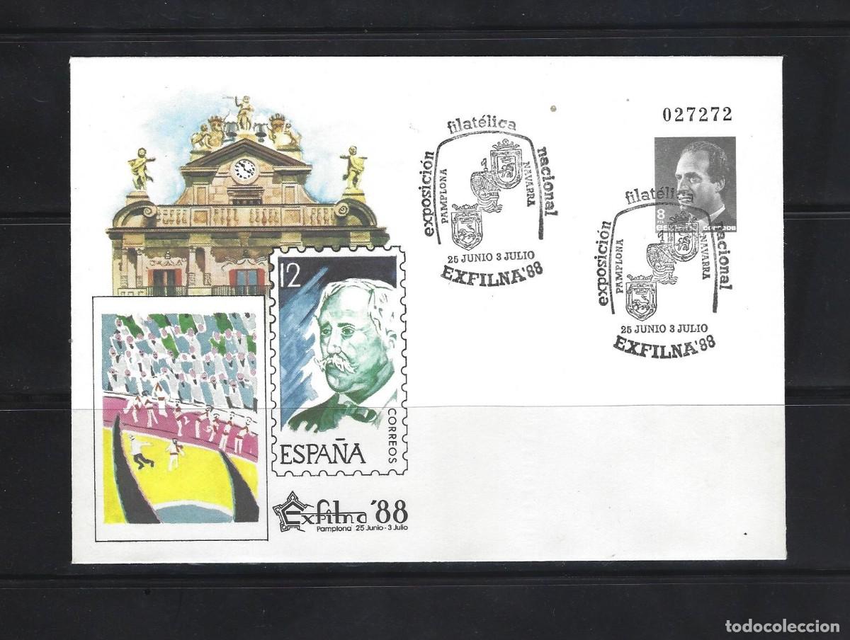 Sellos: SOBRE ENTERO POSTAL ESPA&Ntilde;A 1988 N&ordm;10B EXFILNA 88 PAMPLONA MATASELLADO