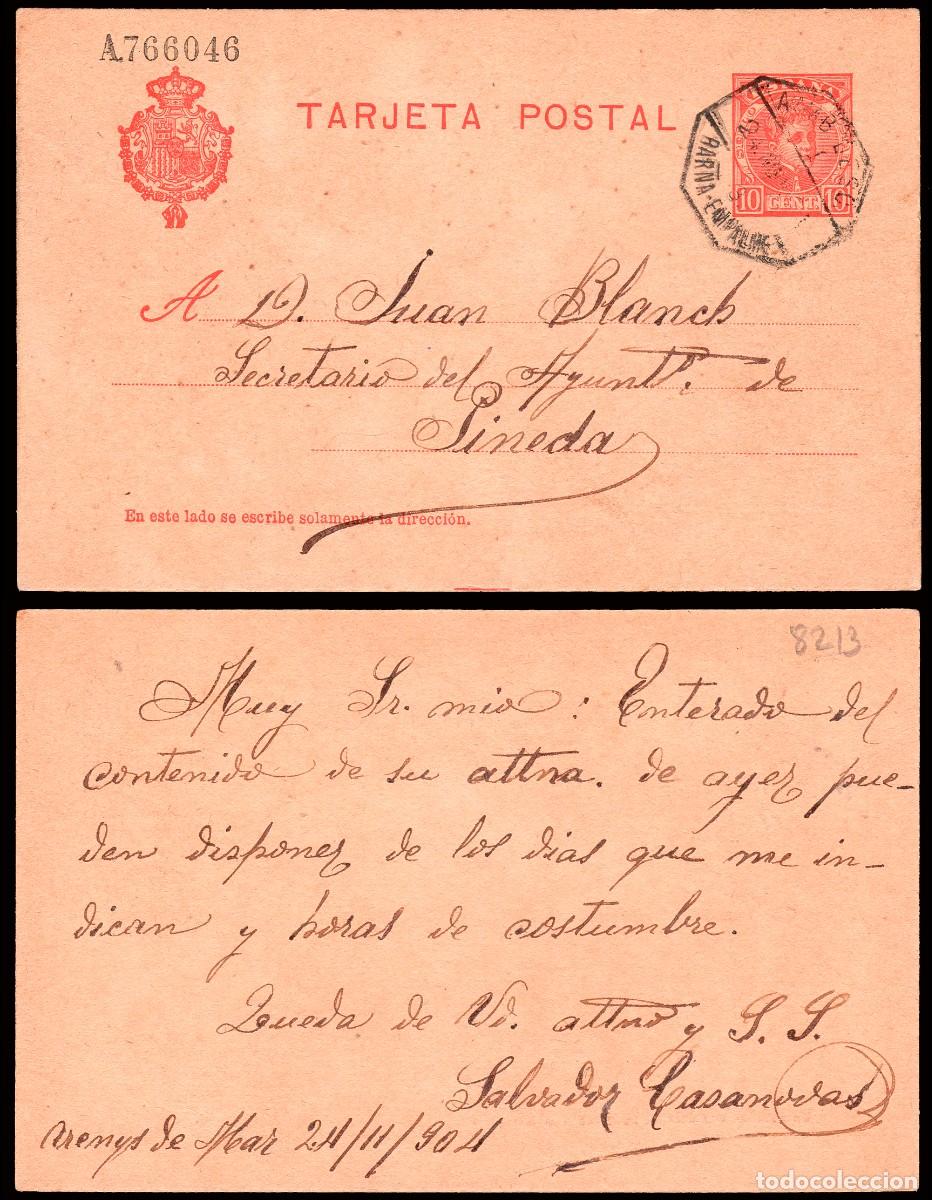 Sellos: Barcelona - Edi o EP 45 - Entero postal fechado en Arenys de Mar Mat &rdquo;AMB. Desc I - 3 - Barna..&rdquo;