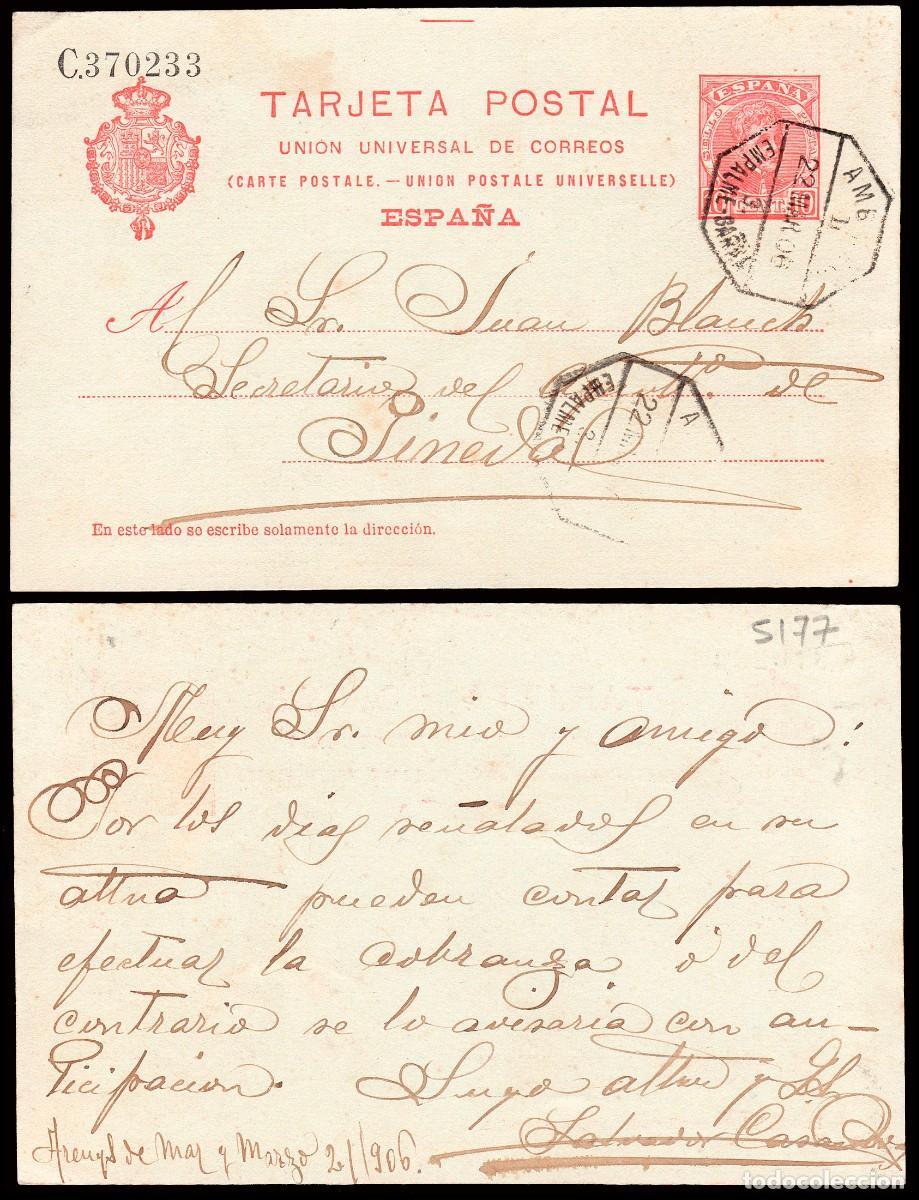 Sellos: Barcelona - Edi o EP 47 - Entero postal fechado en Arenys de Mar Mat &rdquo;AMB. Desc II - 3 - Empalme..&rdquo;