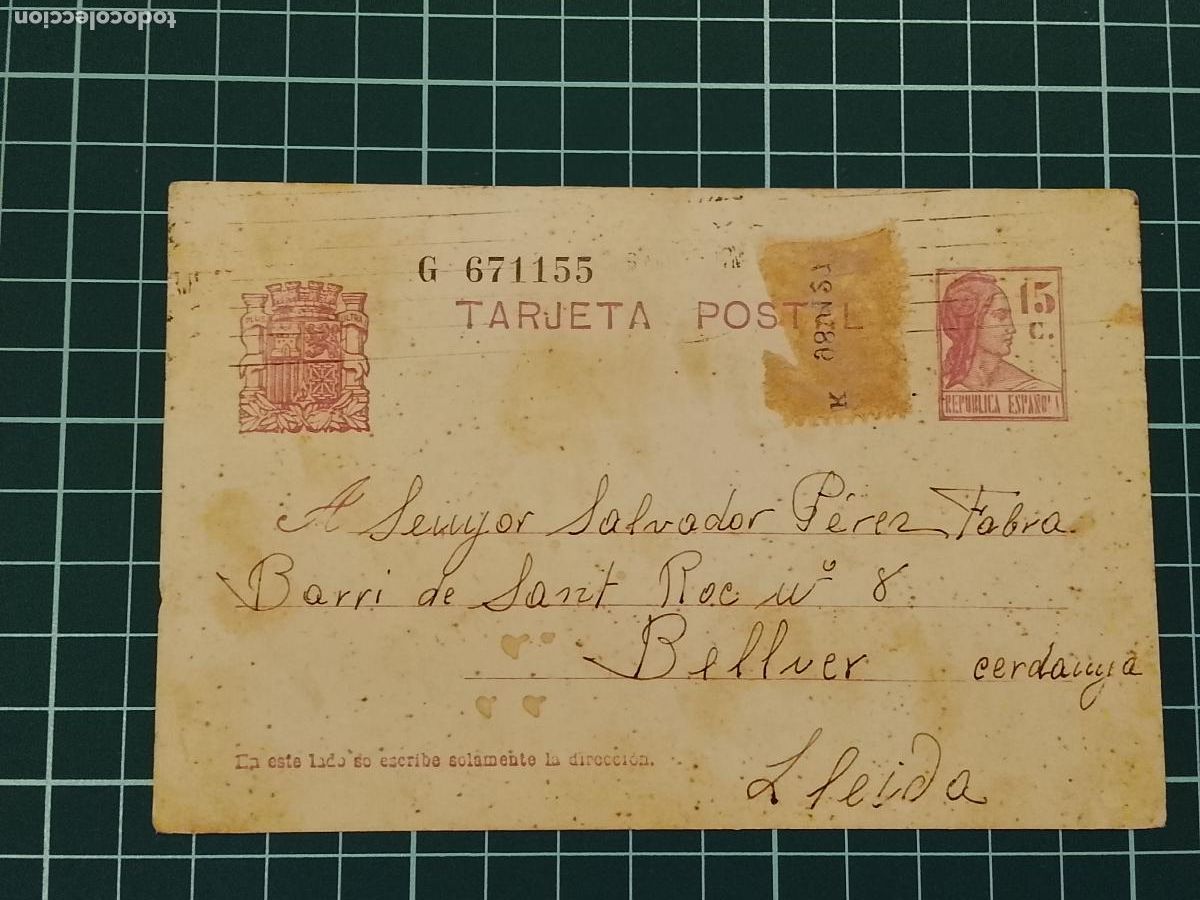 Sellos: REPUBLICA ESPA&Ntilde;OLA - ENTERO POSTAL A&Ntilde;O 1935 DIRIGIDO A BELLVER - SALVADOR PEREZ FABRA -(115.997)