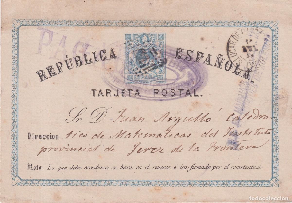Sellos: PRIMERA REPUBLICA ESPA&Ntilde;OLA TARJETA POSTAL - 1874 - 5 CENTIMOS - 14x9cm - SANLUCAR DE BARRAMEDA