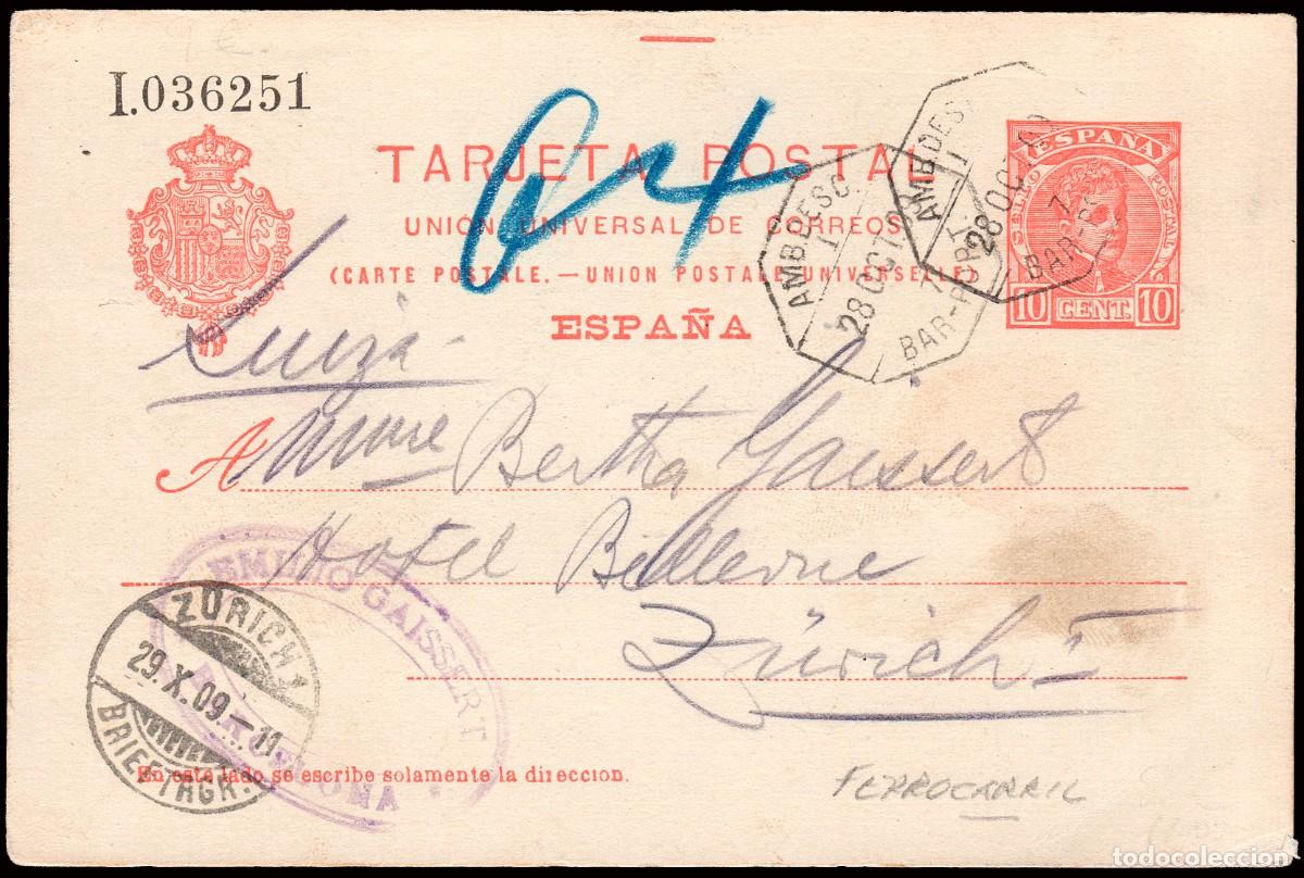 Sellos: Gerona - Edi o EP 47 - Entero postal Mat &rdquo;AMB. Desc I - 7 - Bar. - Port Bou&rdquo; a Suiza