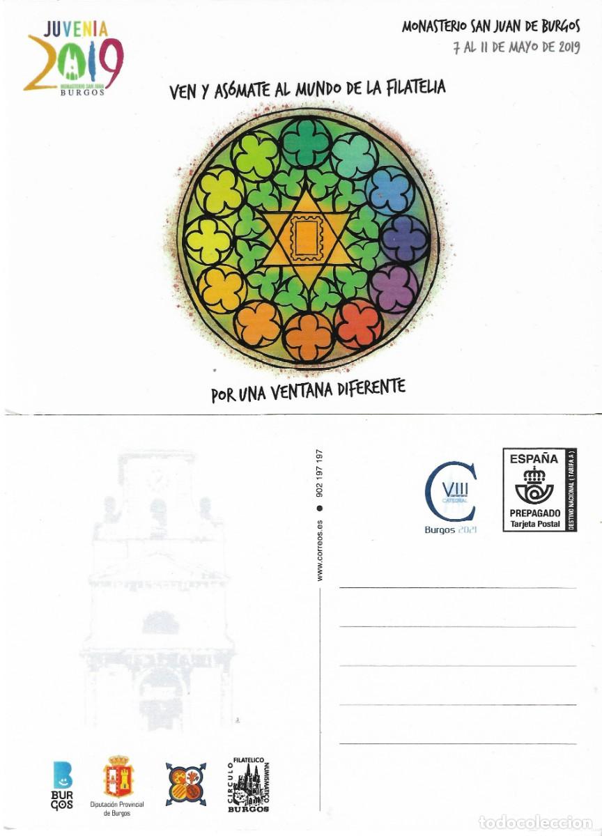 Sellos: ESPA&Ntilde;A. TARJETA PREFRANQUEADA. EXPOSICION NACIONAL FILATELIA JUVENIL. JUVENIA. BURGOS. 2019