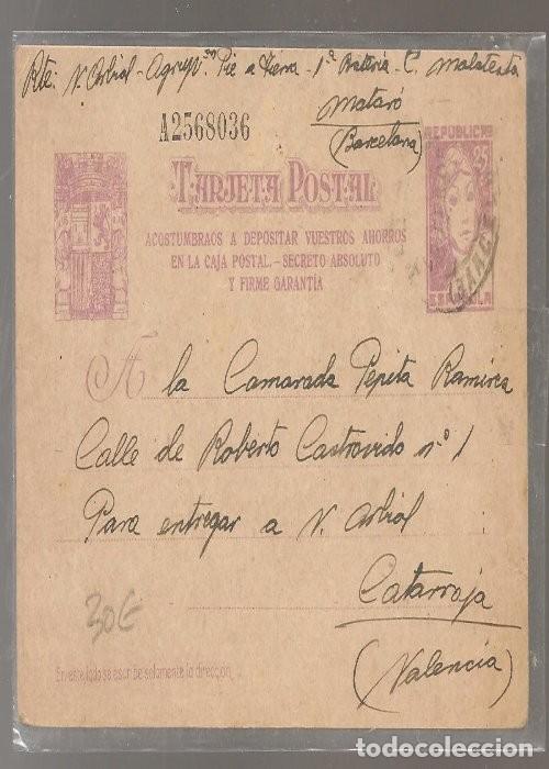 Sellos: ENTERO POSTAL GUERRA CIVIL , CIRCULADO (casi no se nota) de MATARO A VALENCIA , 1938