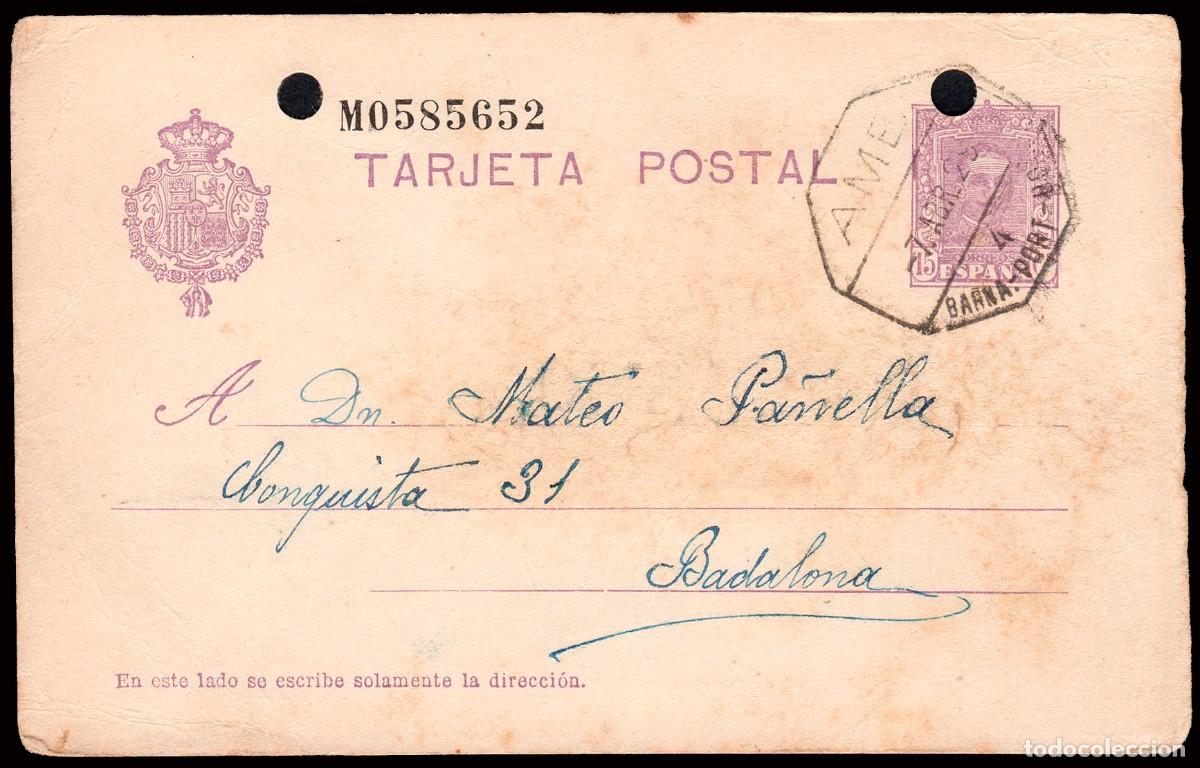 Sellos: Barcelona - Edi o EP 57 - Entero postal Mat &rdquo;AMB. 4 - Barna - Port Bou 7/IV/29&rdquo; taladro empresa