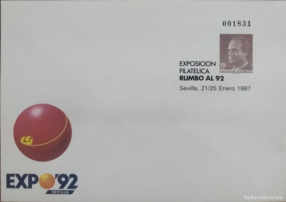 Sellos: ESPA&Ntilde;A 1987 SOBRE ENTERO POSTAL EXPOSICI&Oacute;N FILAT&Eacute;LICA RUMBO AL 92.
