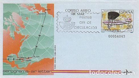 Sellos: AEROGRAMA EDIFIL 203 (A&Ntilde;O 1982) VUELO DEL AVION CUATRO VIENTOS, PRIMER DIA DE CIRCULACION