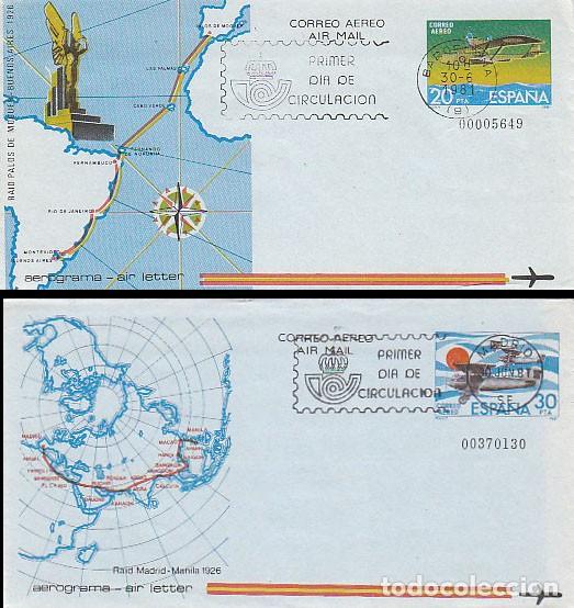 Sellos: AEROGRAMA EDIFIL 201/2 (A&Ntilde;O 1981), RAID PALOS DE MOGUER.BUENOS AIRES Y MADRID-MANILA,1926 PRIMER DIA