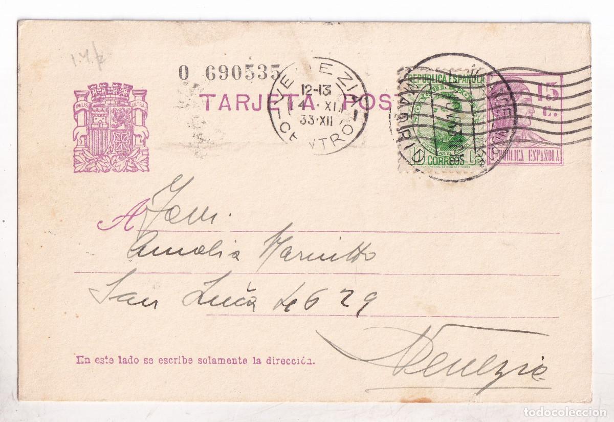 Sellos: TARJETA ENTERO POSTAL. ALCANCE NORTE. MADRID. 1933. A VENECIA. ITALIA