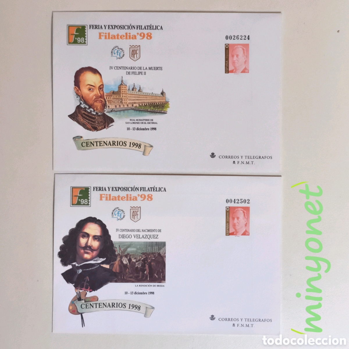 Sellos: 2 sobres Entero postales 50 y 51 de 1998 Filat&eacute;lia'98