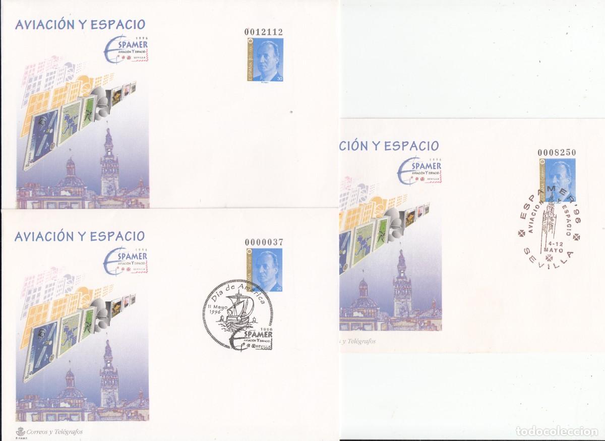 Sellos: 3 SOBRES ENTERO POSTALES NUEVO Y 2 MATASELLOS DE AVIACI&Oacute;N Y ESPACIO 96 NUM. 34