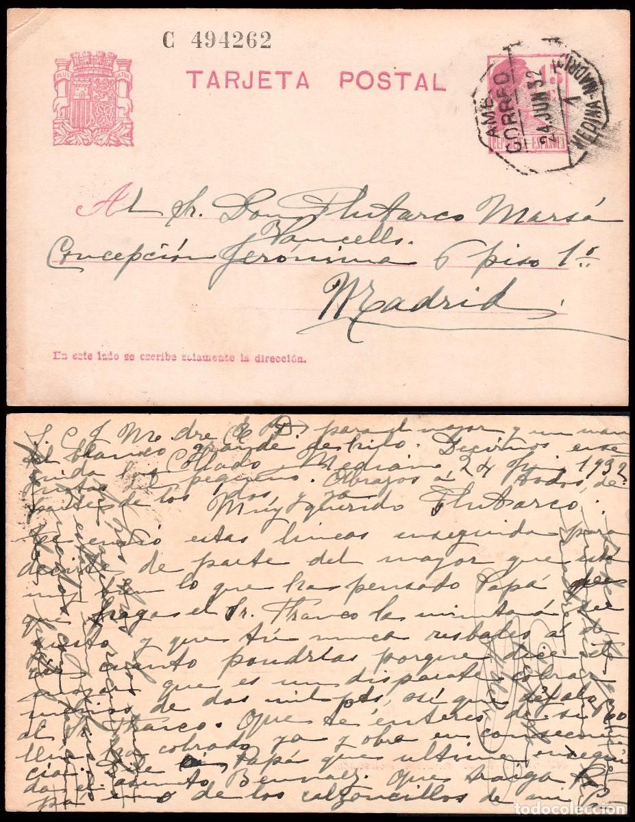 Sellos: Madrid - Edi o EP 69 - Entero postal fechado Collado Mediano Mat &rdquo;AMB. Correo 24/Jun./32 - 1...&rdquo;