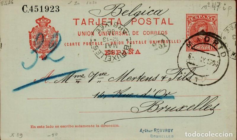 Sellos: FA4746. 1906, Tarjeta postal dirigida de Madrid a Bruselas (Belgica)