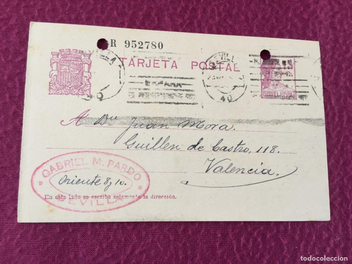 Sellos: TARJETA / ENTERO POSTAL de MARZO DE 1934 DE SEVILLA A VALENCIA - REPUBLICA ESPA&Ntilde;OLA