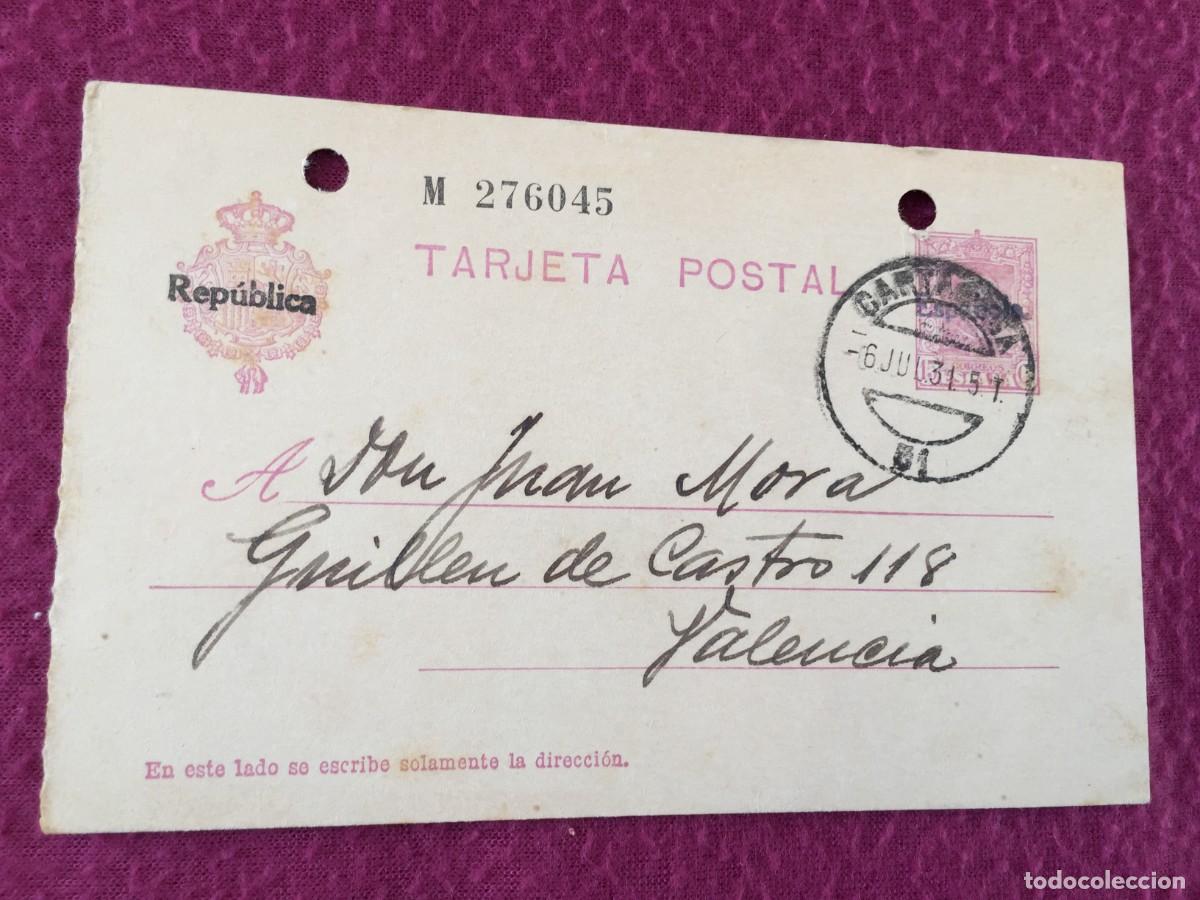 Sellos: TARJETA / ENTERO POSTAL DE 1931 DE CARTAGENA A VALENCIA - REPUBLICA ESPA&Ntilde;OLA ALFONSO XIII