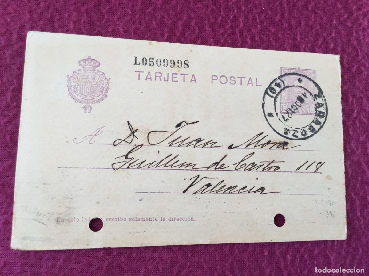 Sellos: TARJETA / ENTERO POSTAL DE 1927 DE ZARAGOZA A VALENCIA - ALFONSO XIII - MARMOLES JOAQUIN BELTRAN