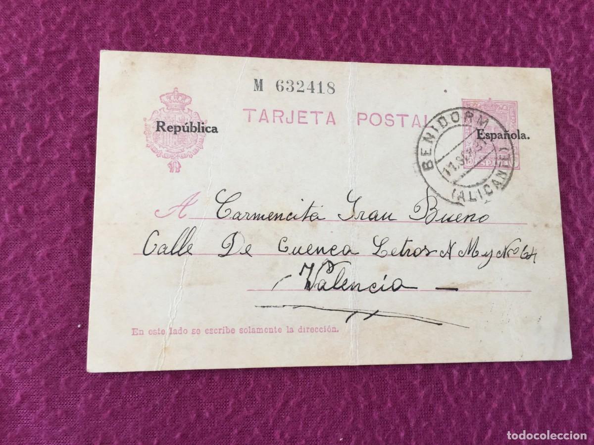 Sellos: TARJETA / ENTERO POSTAL DE 1931 DE BENIDORM A VALENCIA - REPUBLICA ESPA&Ntilde;OLA ALFONSO XIII