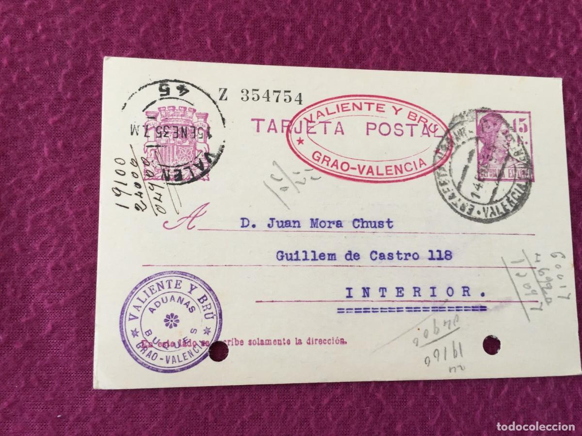Sellos: ENTERO POSTAL PRIVADA - ENERO 1935 CON CU&Ntilde;O VALIENTE Y BRU DEL GRAO DE VALENCIA - REPUBLICA ESPA&Ntilde;OLA