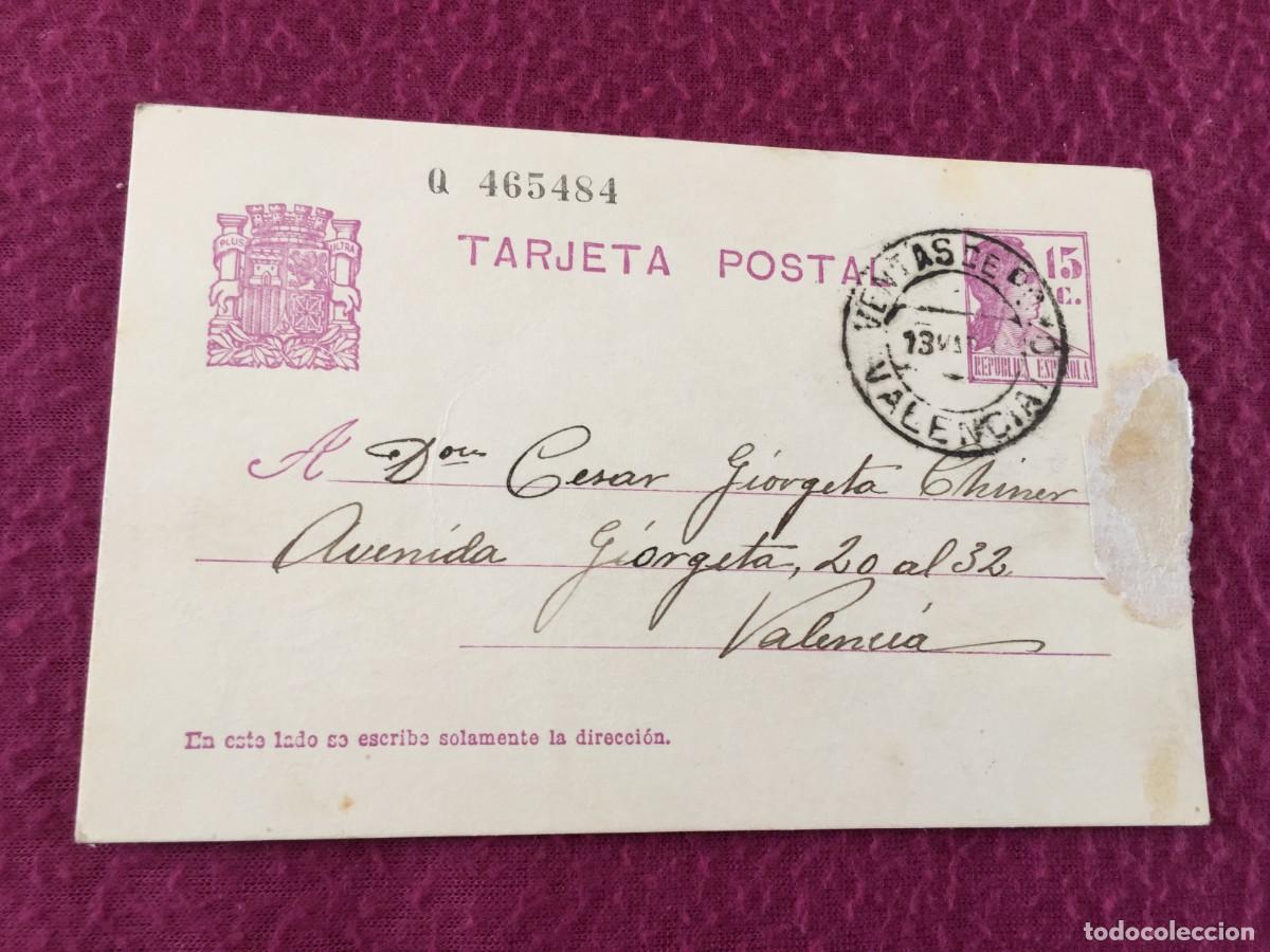 Sellos: TARJETA / ENTERO POSTAL DE 1934 DE VENTAS DE POYO A VALENCIA (TINTAS SAMAS)- REPUBLICA ESPA&Ntilde;OLA