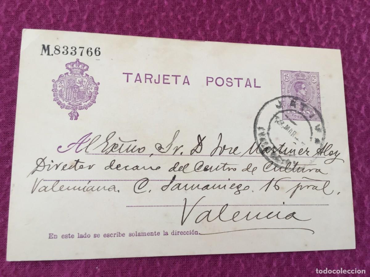 Sellos: Entero postal con aut&oacute;grafo del historiador Valenciano Carlos Sarthou Carreres 1924 a J.M ALOY