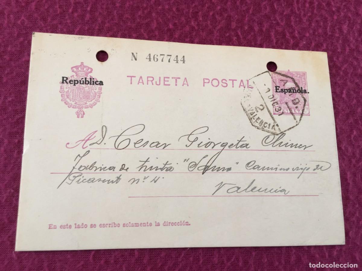 Sellos: TARJETA / ENTERO POSTAL DE 1931 A VALENCIA (TINTAS SAMAS ) - REPUBLICA ESPA&Ntilde;OLA ALFONSO XIII