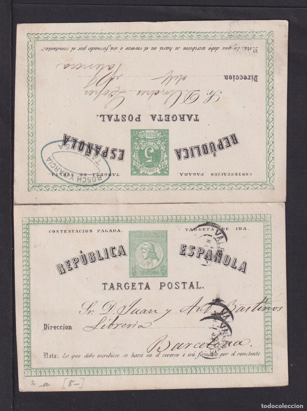 Selos: ESPA&Ntilde;A ENTERO POSTAL 1875 TARRASA A VALENCIA CON RESPUESTA