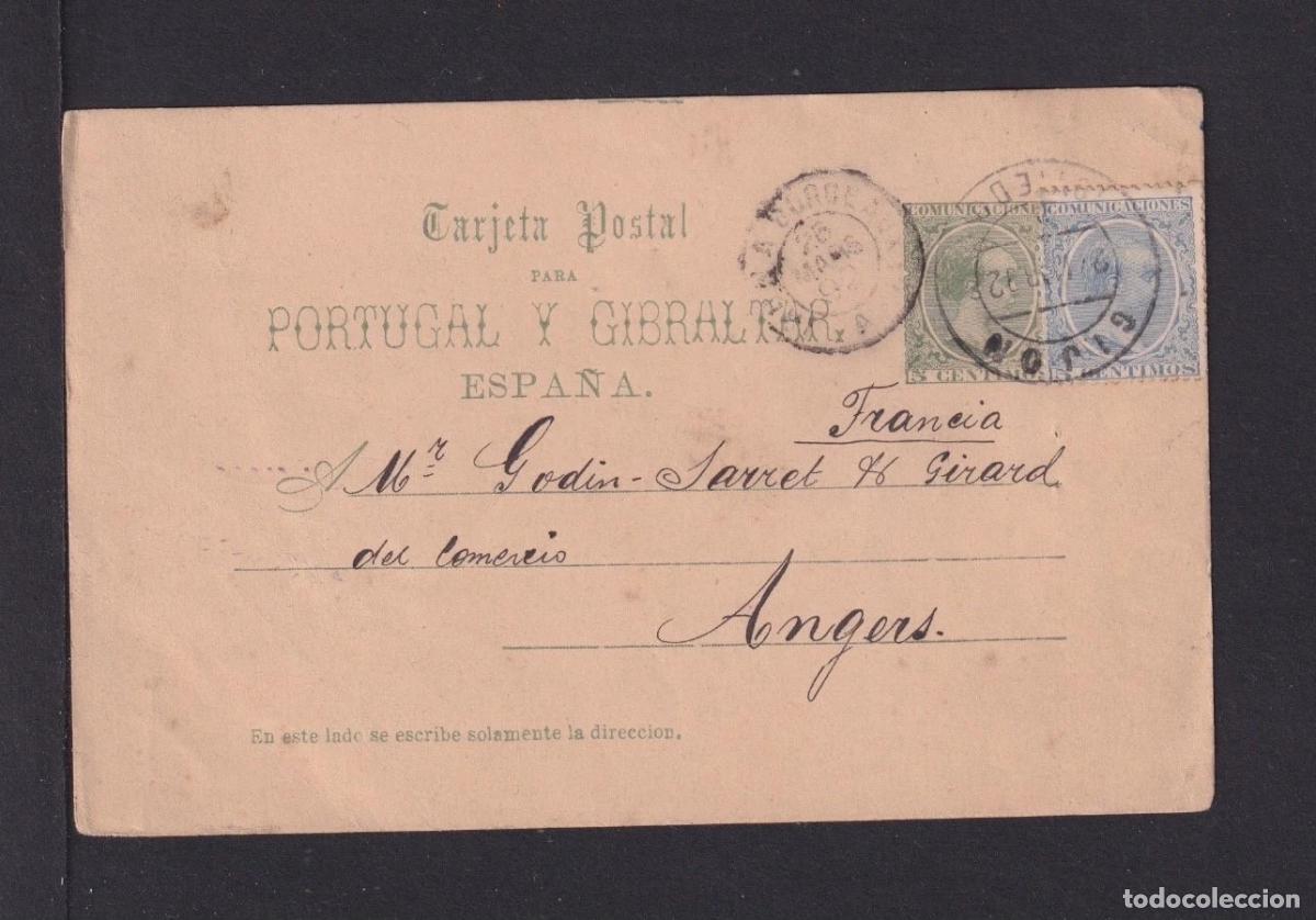 Selos: ESPA&Ntilde;A ENTERO POSTAL 1892 ALFONSO XIII PELONA GIJON ASTURIAS A ANGERS CON FRANQUEO ADICIONAL