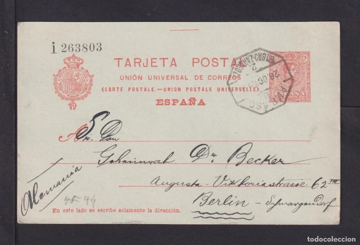 Selos: ESPA&Ntilde;A ENTERO POSTAL ALFONSO XIII 1919 AMBULANTE ASC BILBAO ZARAGOZA 2 A BERLIN