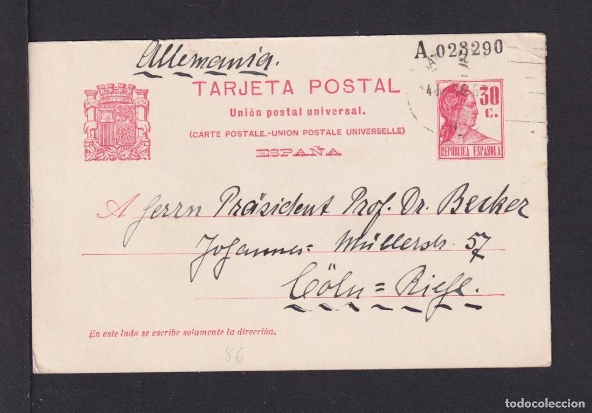 Selos: ESPA&Ntilde;A ENTERO POSTAL SEGUNDA REPUBLICA 1936 A ALEMANIA 30 CTS