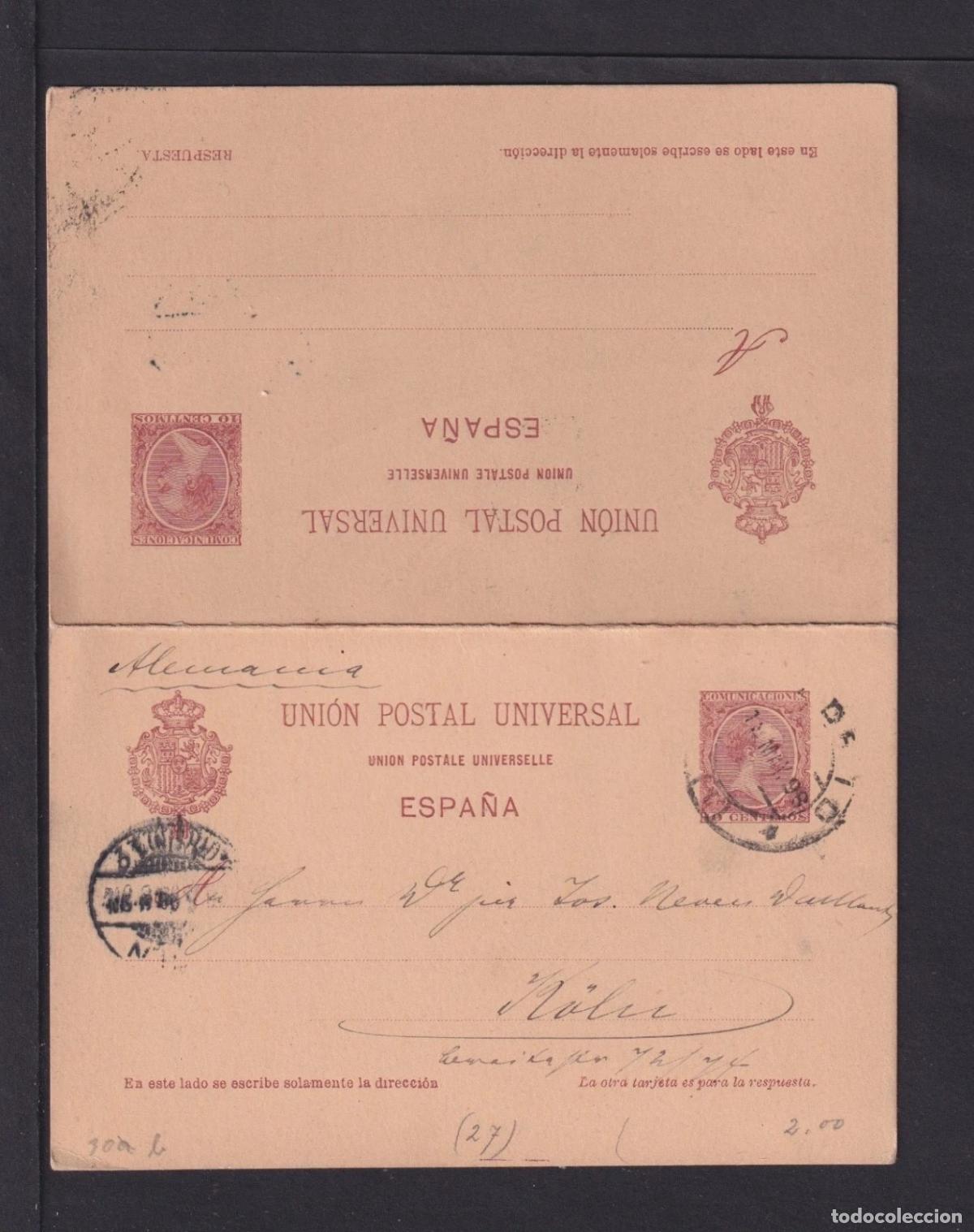 Sellos: ESPA&Ntilde;A ENTERO POSTAL ALFONSO XIII CON RESPUESTA MADRID A ALEMANIA 1897