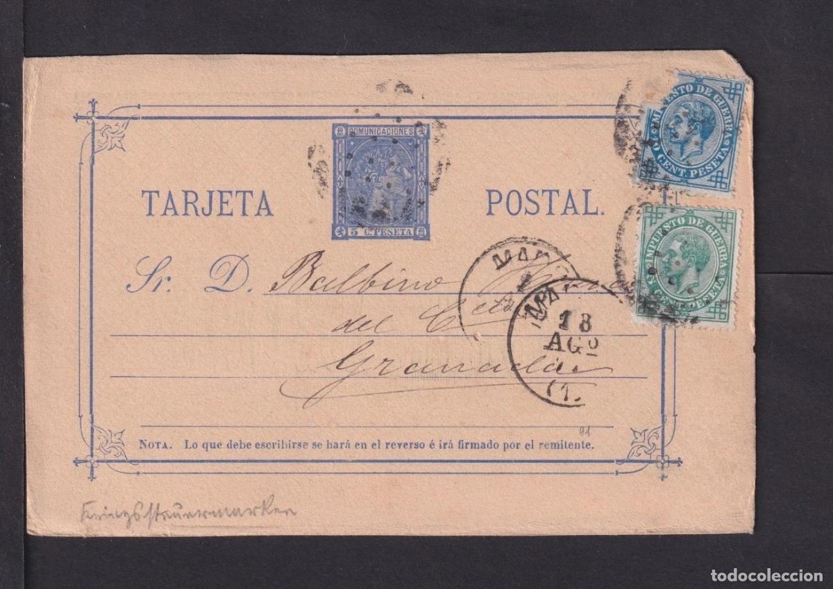 Stamps: ESPA&Ntilde;A ENTERO POSTAL ALFONSO XII MADRID A GRANADA CON IMPUESTO GUERRA 15 CTS UN SELLO DA&Ntilde;ADO