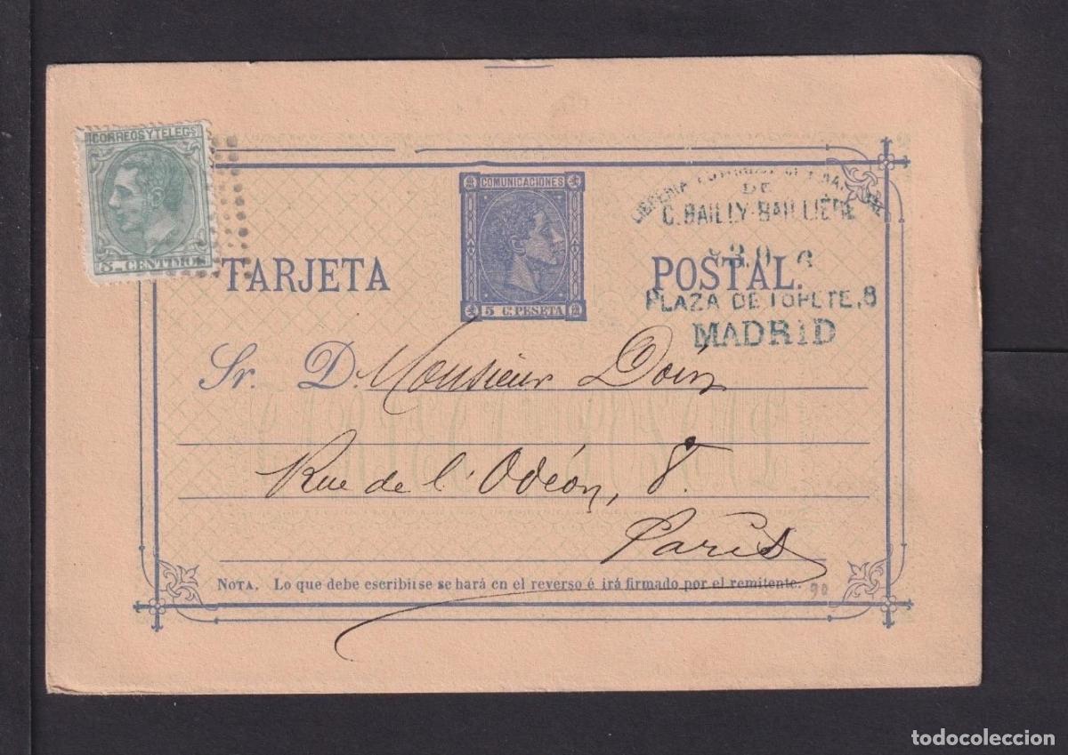 Stamps: ESPA&Ntilde;A ENTERO POSTAL ALFONSO XII MADRID A PARIS CON IMPUESTO GUERRA 5 CTS 1880