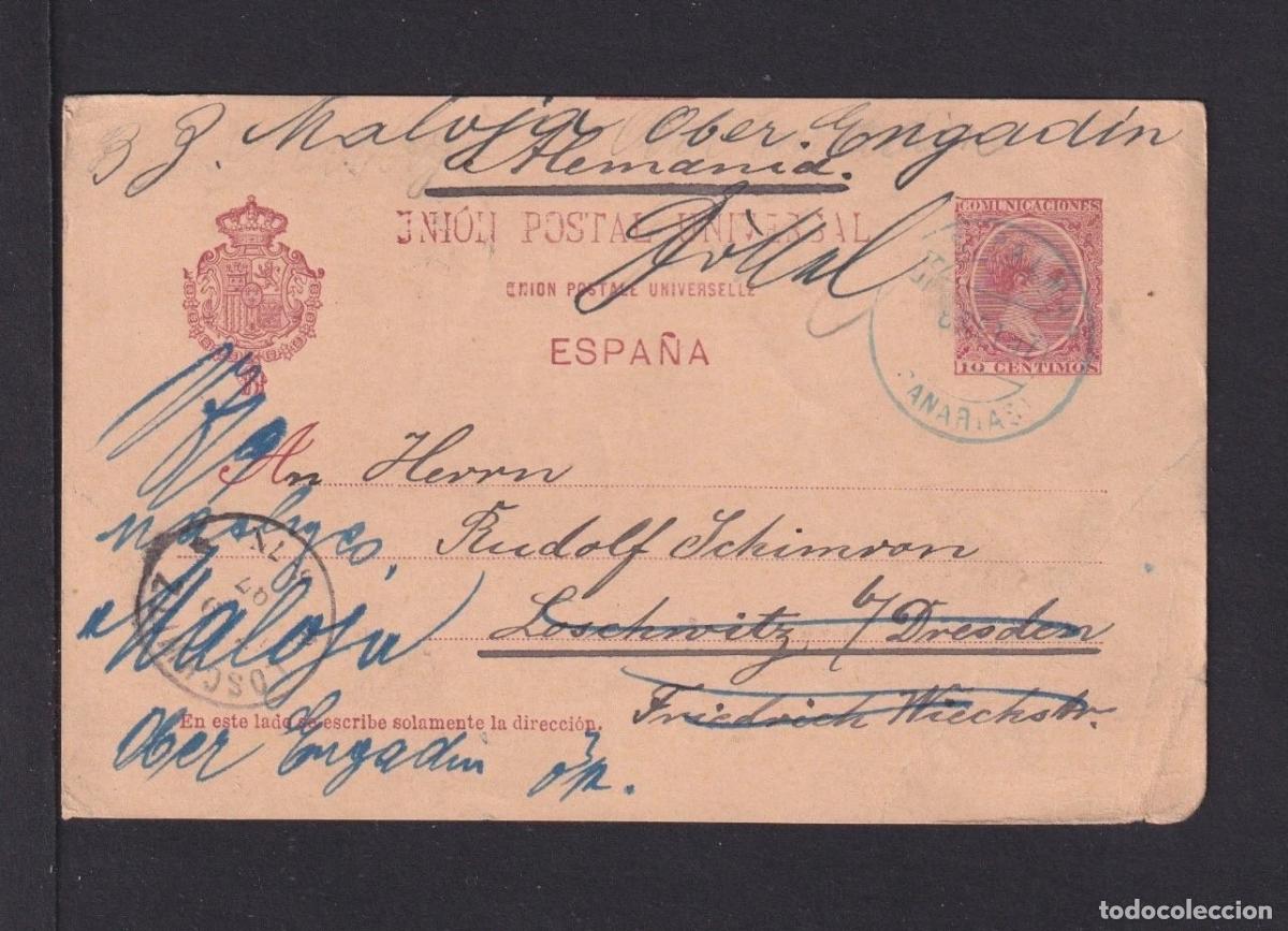 Stamps: ESPA&Ntilde;A ENTERO POSTAL ALFONSO XIII LAS PALMAS A LOSCHWITZ 1897 MAT AZUL