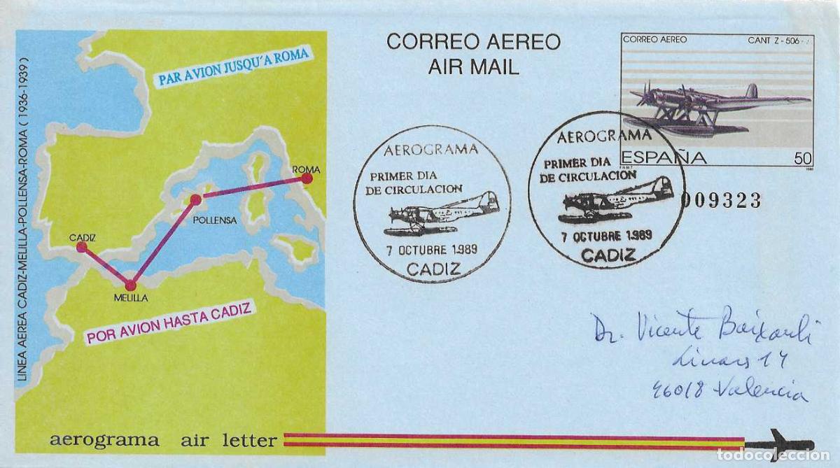 Sellos: AVIACION LINEA AEREA CADIZ-MELILLA-POLLENSA-ROMA 1989 (EDIFIL 214) AEROGRAMA CIRCULADO PD CADIZ VER