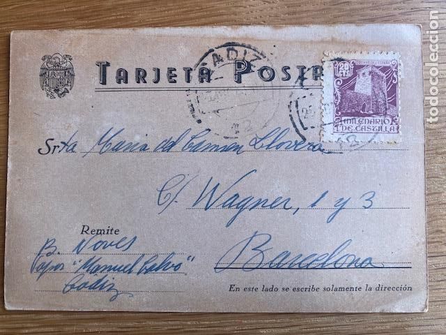 Sellos: Tarjeta Postal de Cadiz a Barcelona. 1944