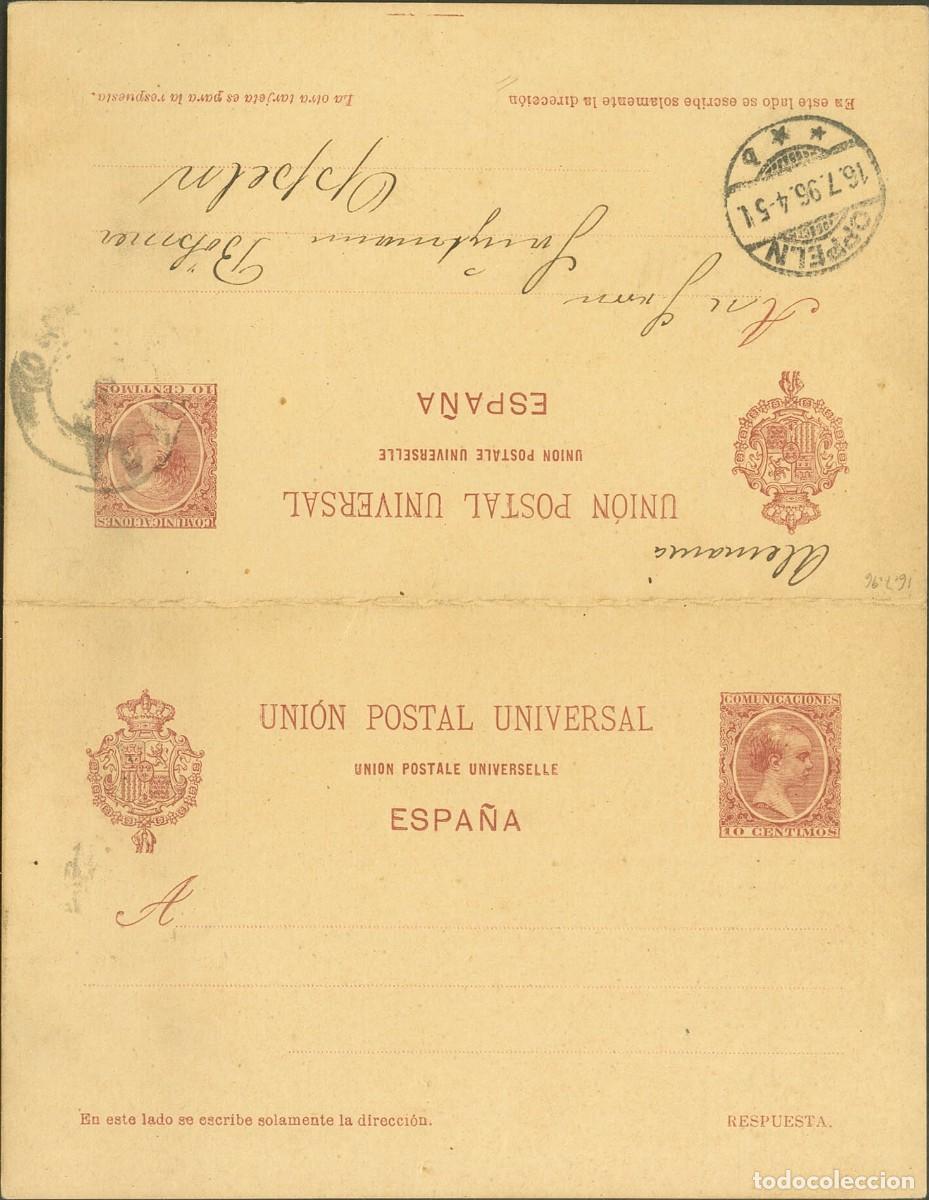 Sellos: 1892.Ed:&ordm;33EP.E.Postal.Alfonso XIII.Pel&oacute;n.10 cts+10 cts carm&iacute;n.Dirigido Opole (Polonia).Ida y vuelta