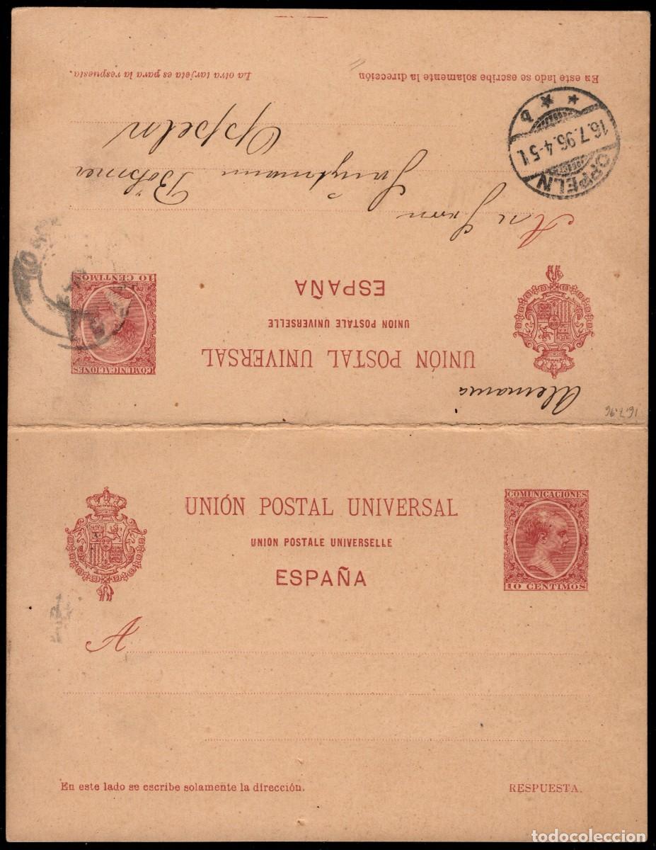 Sellos: 1892.Ed:&ordm;33EP.E.Postal.Alfonso XIII.Pel&oacute;n.10 cts+10 cts carm&iacute;n.Dirigido Opole (Polonia).Ida y vuelta