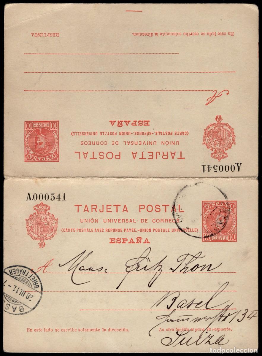 Sellos: 1904.Ed:&ordm;48EP.E.Postal.Alfonso XIII.Cadete.10 cts+10 cts rojo naranjado.De Madrid a Basilea.Ida-Vuel